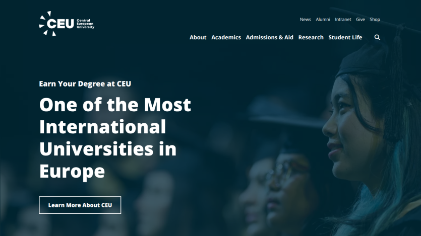 Homepage of CEU featuring a tagline about being an international university in Europe.