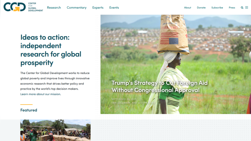 Homepage featuring research for global prosperity with a highlighted article on foreign aid.