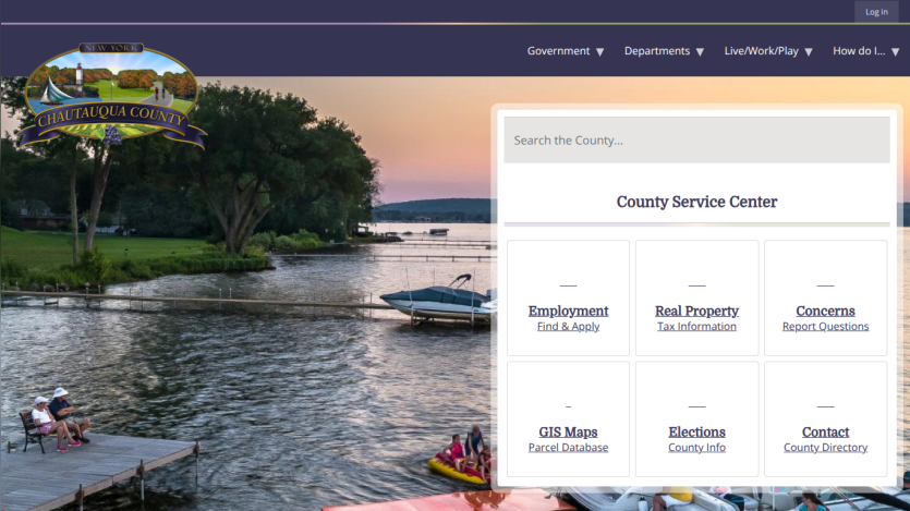 Chautauqua County New York website with navigation and County Service Center links for employment, property, concerns, maps, elections, and contact
