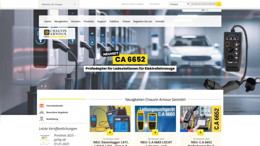 Chauvin Arnoux homepage featuring CA 6652 test adapter for electric vehicle charging stations and latest product news