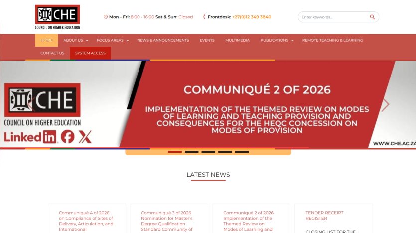 CHE Council on Higher Education homepage featuring a communiqué and latest news section.