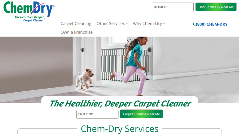 Chem-Dry carpet cleaning homepage with logo, navigation, hero image of child and dog running, and zip code search for local services