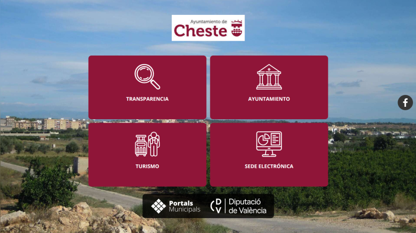 Homepage of Cheste with four main options: Transference, Ayuntamiento, Tourism, and Electronic Office.