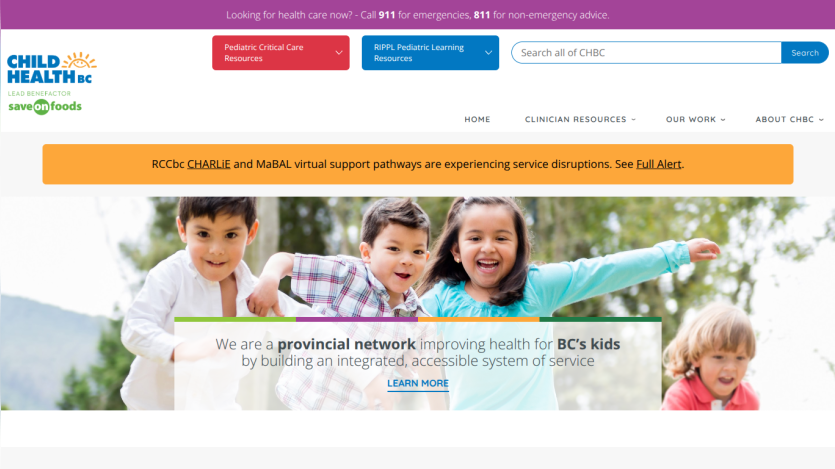Child Health BC homepage with navigation, alert banner, and hero image of children promoting provincial network for kids' health