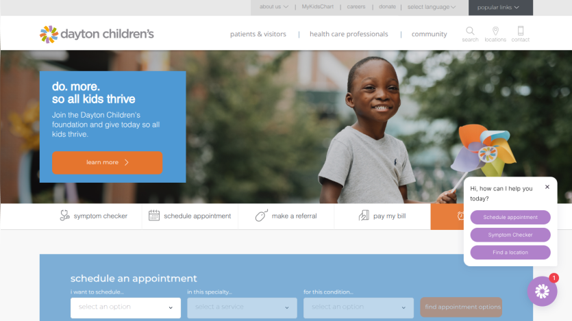Dayton Children's homepage with call to action to join the patient portal and smiling child in hero image