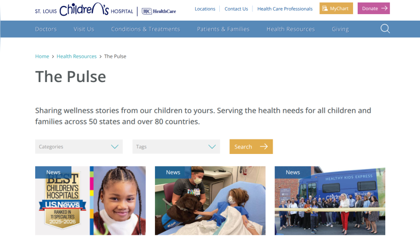 The Pulse page sharing wellness stories from St. Louis Children's Hospital with news articles and search filters.