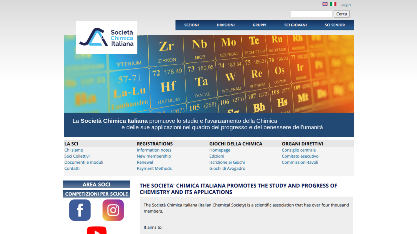 Italian Chemical Society homepage promoting chemistry study and applications with periodic table background