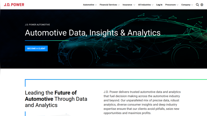 J.D. Power homepage featuring automotive data and analytics with a call to action.