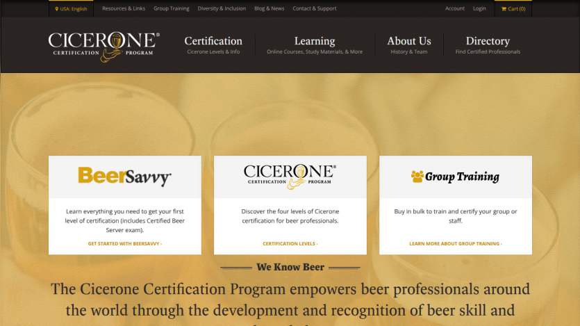 Cicerone Certification Program homepage offering beer certification levels, BeerSavvy exam, and group training options