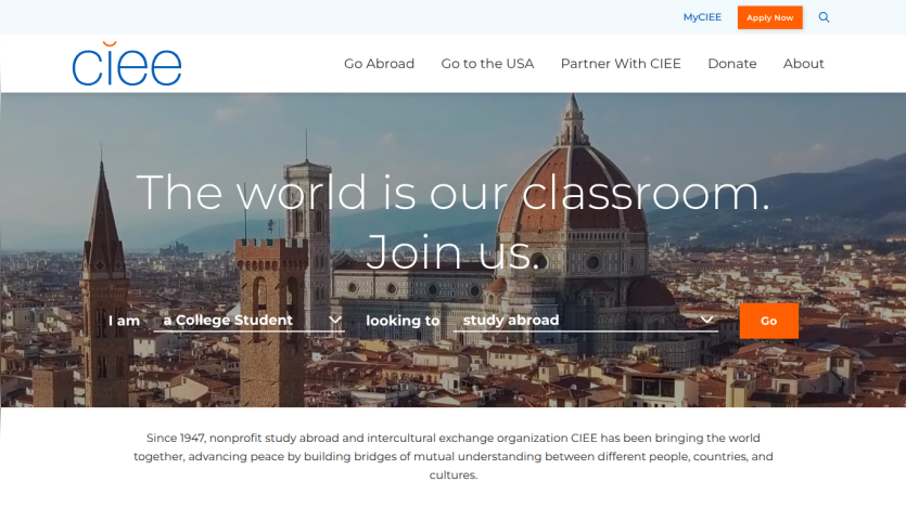 CIEE website featuring a scenic view and a call to action for joining their programs.