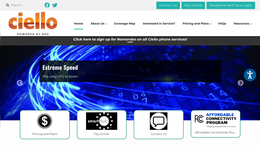 Ciello website header with navigation and hero section promoting extreme speed and gig internet service