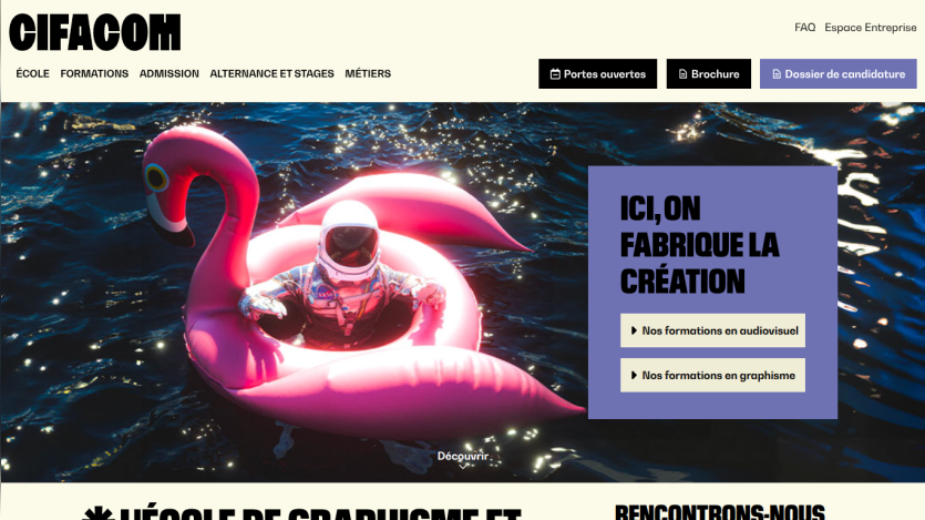 Website header with navigation and a hero image featuring a person in a pink flamingo float.