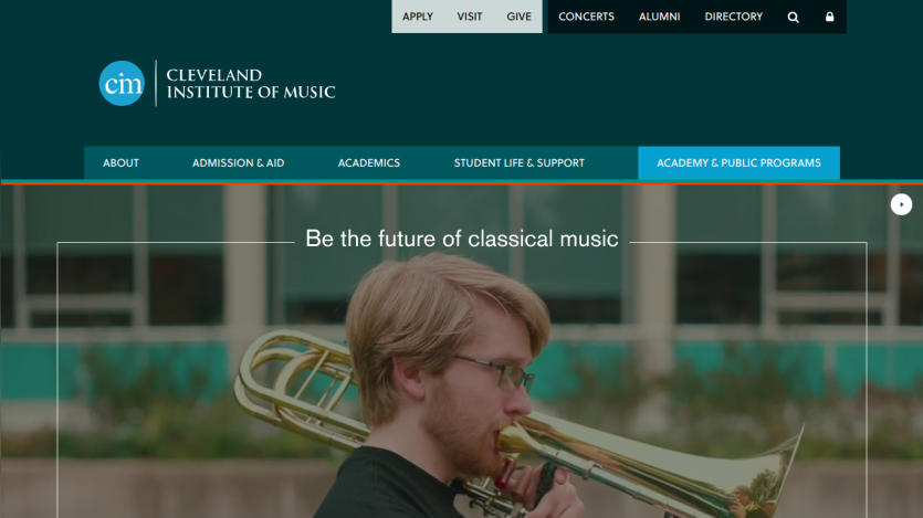 Cleveland Institute of Music homepage with navigation and hero image of a man playing trombone, text 'Be the future of classical music'.