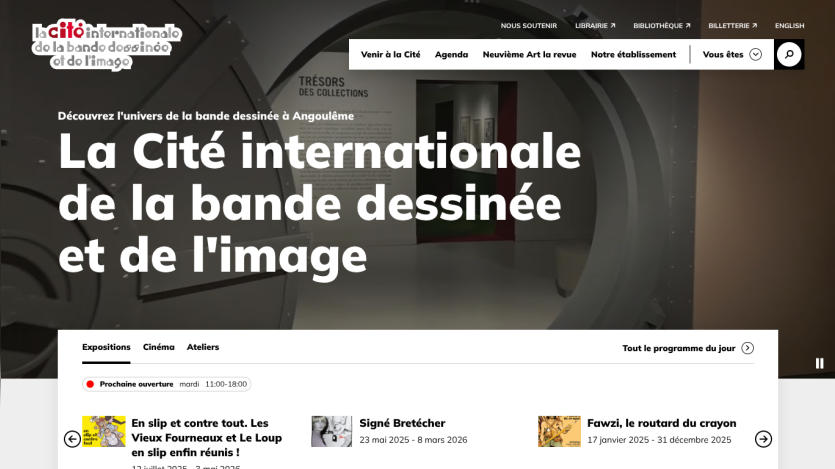 Homepage of La Cité internationale de la bande dessinée et de l'image with navigation and exhibition highlights