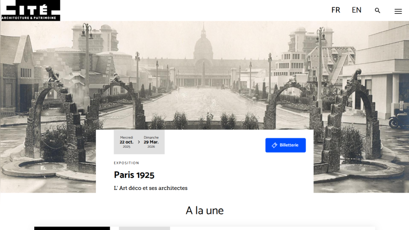 Historic black and white photo of Paris 1925 with architectural elements and cityscape, site header and navigation visible