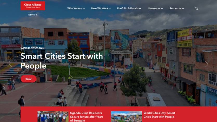 Cities Alliance homepage highlighting World Cities Day with headline 'Smart Cities Start with People' and navigation menu