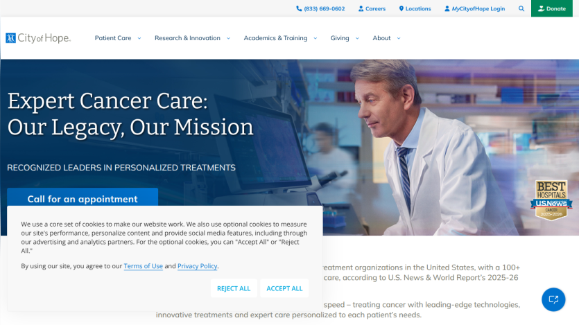 Expert cancer care promotion with a call to action for appointments and mission statement.