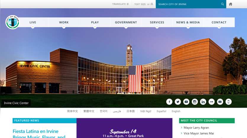 Homepage of Irvine Civic Center featuring the building and navigation options.