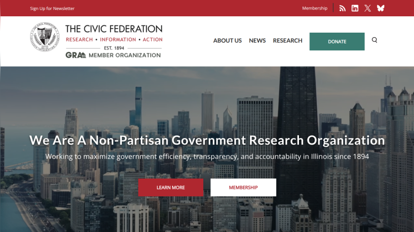The Civic Federation homepage with navigation and a hero section stating it is a non-partisan government research organization focused on Illinois since 1894