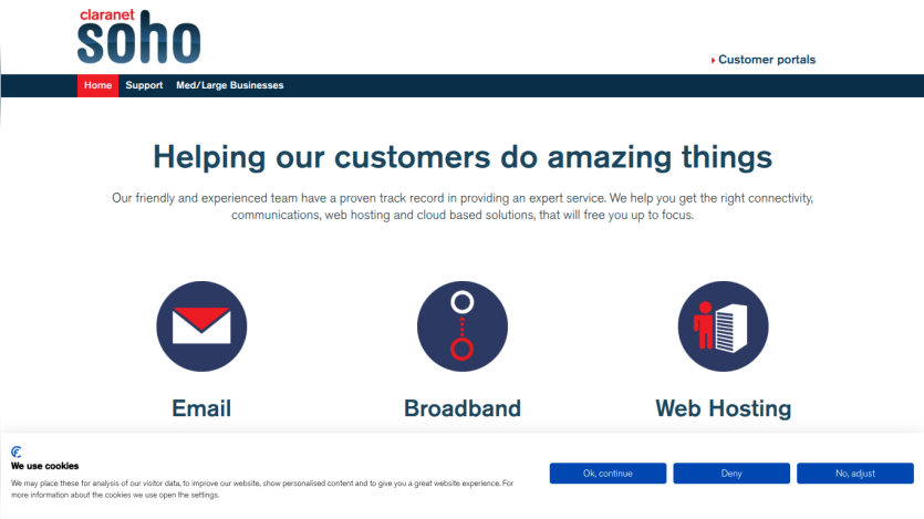 Homepage featuring services: Email, Broadband, and Web Hosting with a supportive tagline.
