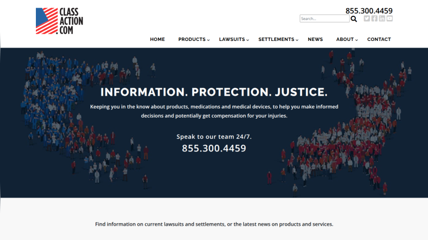 ClassAction.com homepage with navigation, contact number, and hero text about information, protection, and justice for product and medication injuries