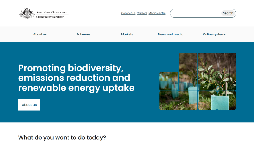 Australian Government Clean Energy Regulator homepage promoting biodiversity, emissions reduction, and renewable energy uptake with navigation links and search