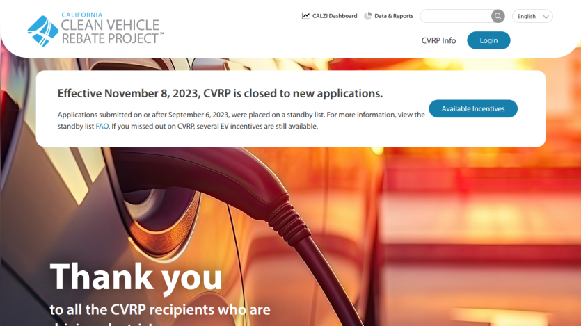 Clean Vehicle Rebate Project site with announcement about CVRP closure and thank you message with electric vehicle charging image