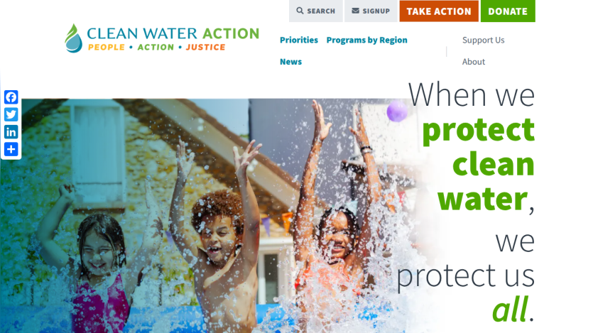 Clean Water Action homepage with children playing in water and text about protecting clean water and people