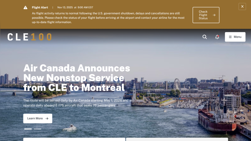 Announcement of new nonstop Air Canada service from CLE to Montreal starting May 1, 2026, with daily flights on E-175 aircraft