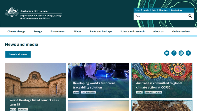 Australian Government Department of Climate Change news and media section with articles on heritage sites, coral traceability, and climate action