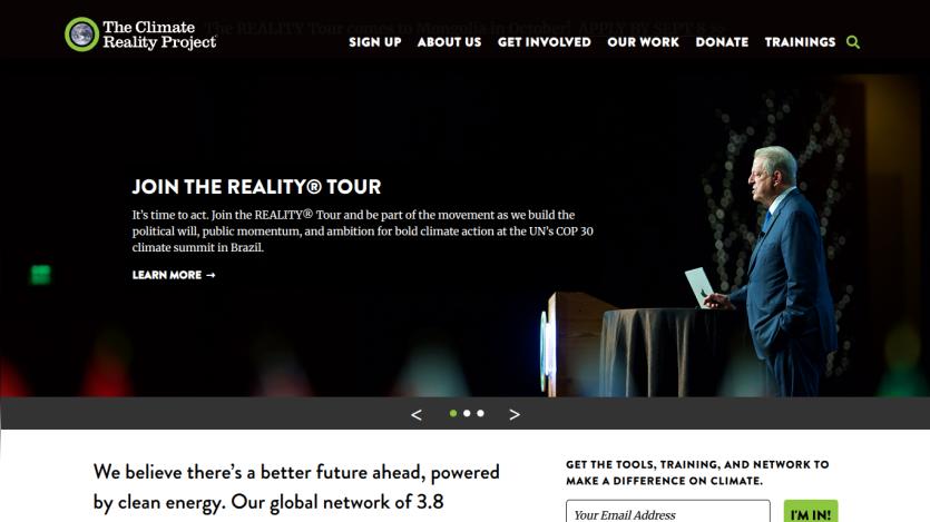 Join the Reality Tour section promoting climate action with a speaker on stage.