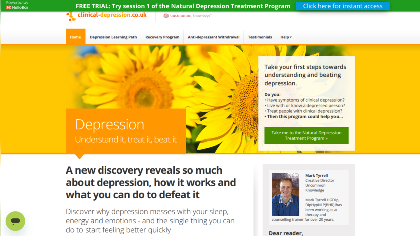Homepage for depression treatment with key text on understanding and defeating depression.