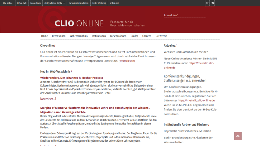 Clio-online portal homepage with navigation and introductory text about history sciences resources