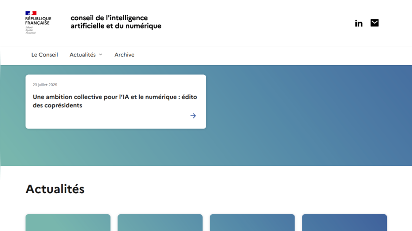 French government AI and digital council homepage with news headline dated July 23, 2025