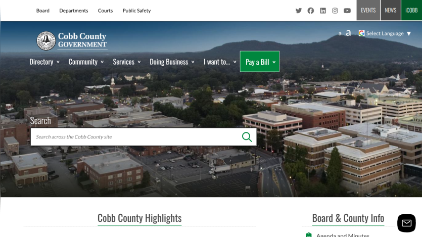 Cobb County Government homepage with search bar and highlights section.