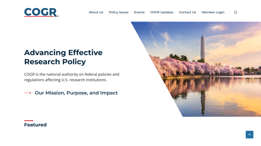 COGR homepage with navigation links and hero section about advancing effective research policy with a Washington Monument image