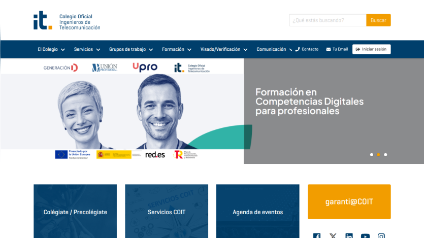Official website of Colegio Oficial Ingenieros de Telecomunicación with digital skills training for professionals and navigation menu