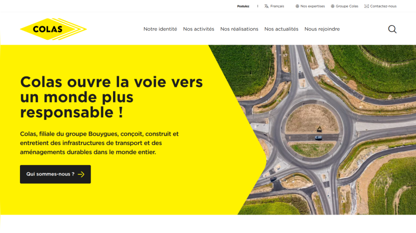 Colas promotes responsible infrastructure development with a bold yellow banner and a circular road image.