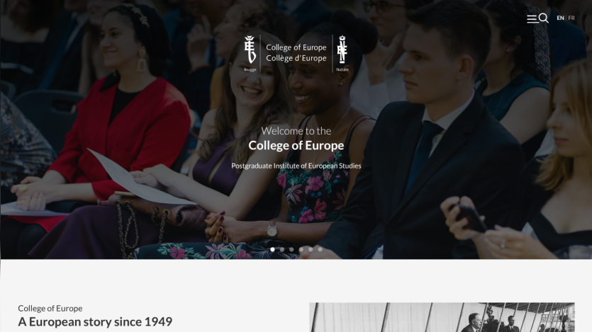 Homepage of College of Europe with welcome message and images of students.