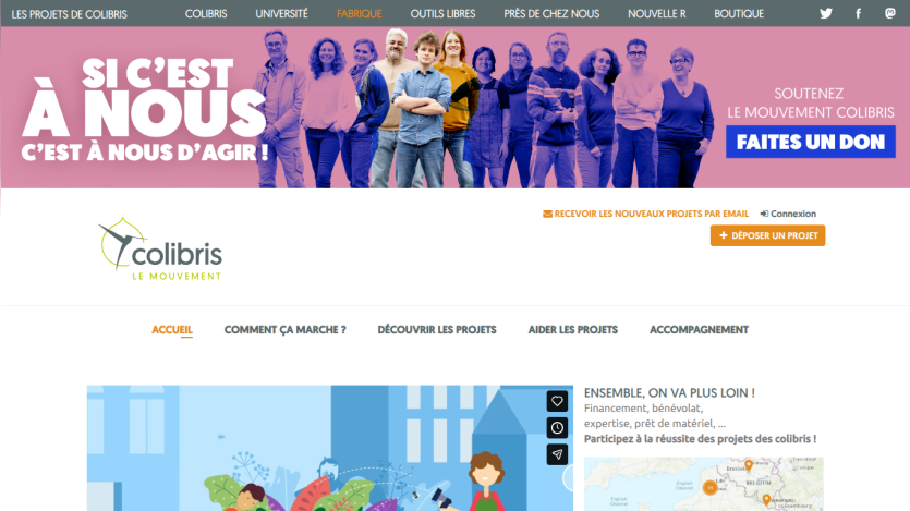 Website header with a call to action for donations and navigation links.