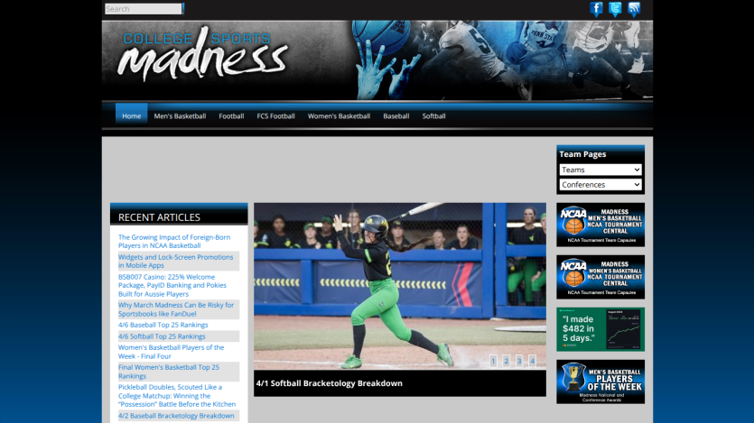 Sports news website featuring baseball highlights and recent articles.