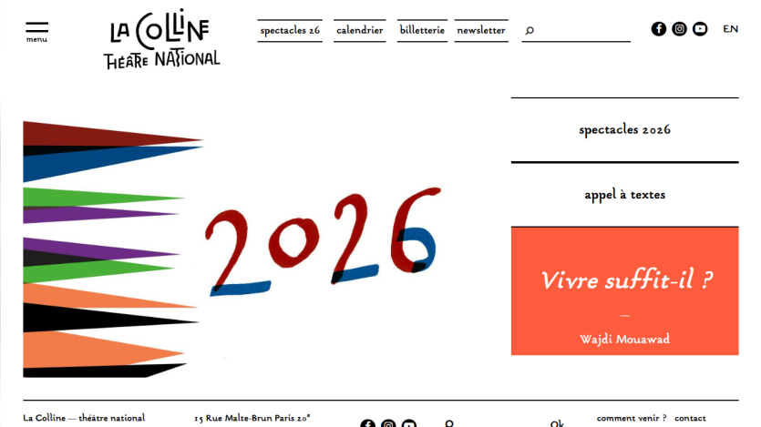 La Colline Théâtre National website showing 2026 spectacles and a call for texts by Wajdi Mouawad