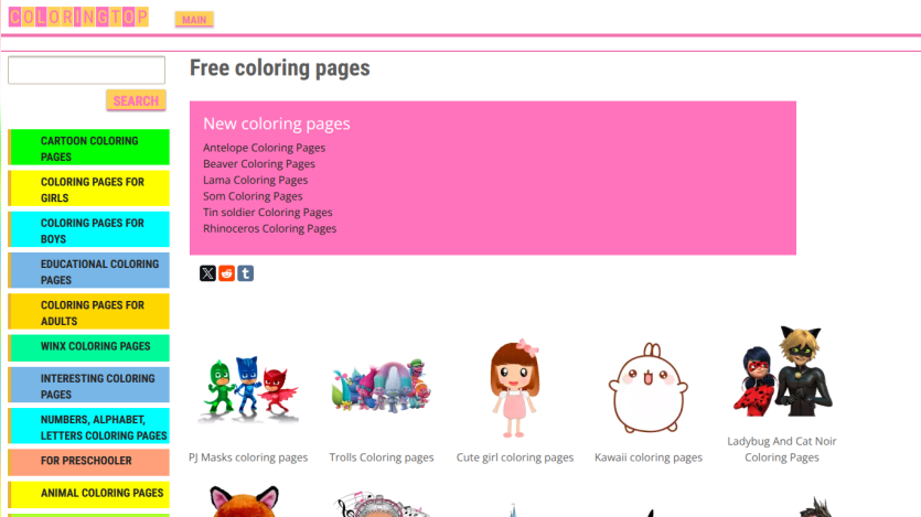 Homepage for free coloring pages with categories and images of characters.