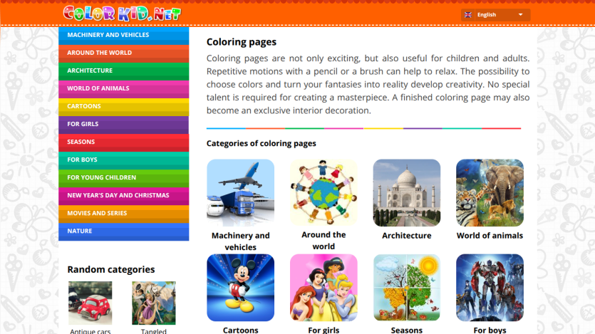 Coloring pages website with categories for various themes and a brief description.