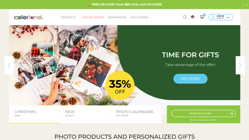 Colorland website offering 35% off photo calendars and personalized gifts with a holiday theme