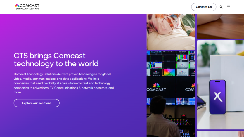 Comcast Technology Solutions homepage with headline about delivering global technology and a call to action button