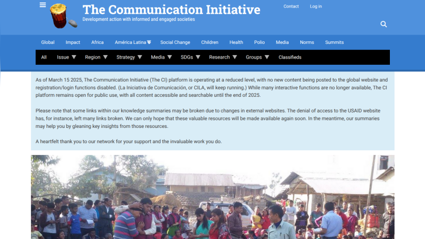 The Communication Initiative website with navigation menus, a notice about reduced platform activity, and a community gathering photo.