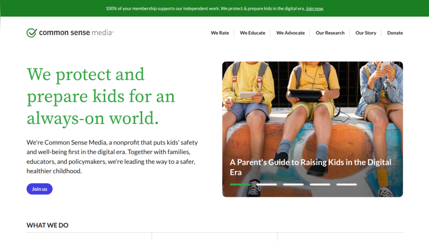 Homepage of Common Sense Media highlighting digital safety for kids.