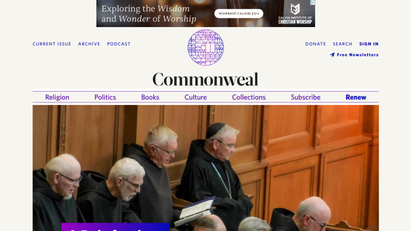Homepage of Commonweal magazine featuring a group of men in black robes, with navigation links above.