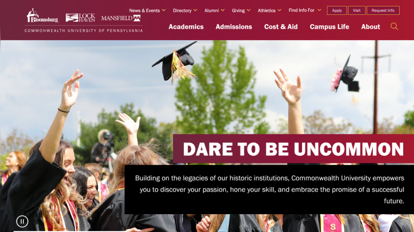 University homepage featuring graduates celebrating with caps, promoting the message 'Dare to be Uncommon.'
